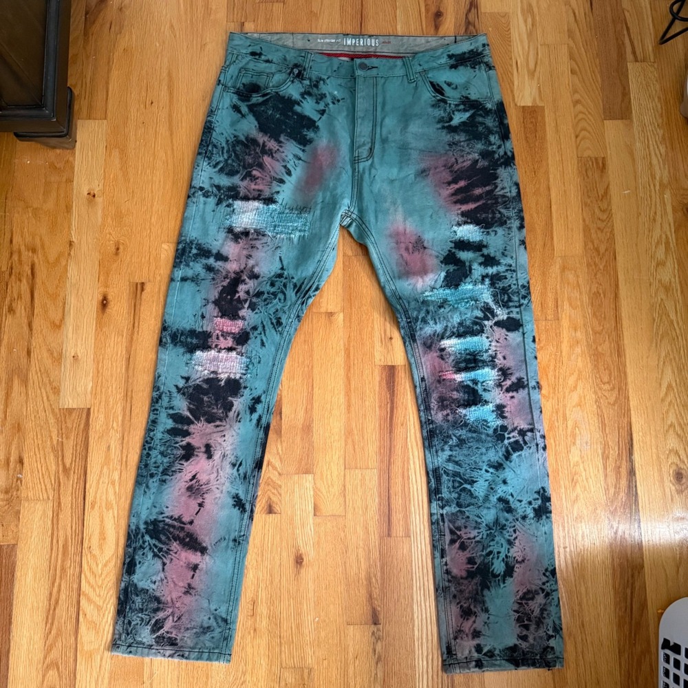 Imperious Jeans Mens 42x34 Tie Dye Acid Wash Distressed Slim Straight Streetwear